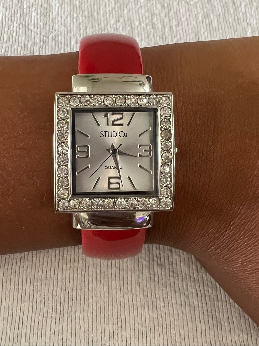 Vintage Studio Time Red Rhinestone Cuff Bangle Quartz Watch